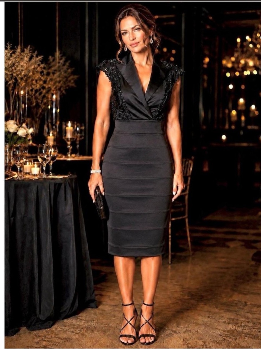 Tadashi Collection Black Beaded Lace Satin Cocktail Dress Sheath Size 12
